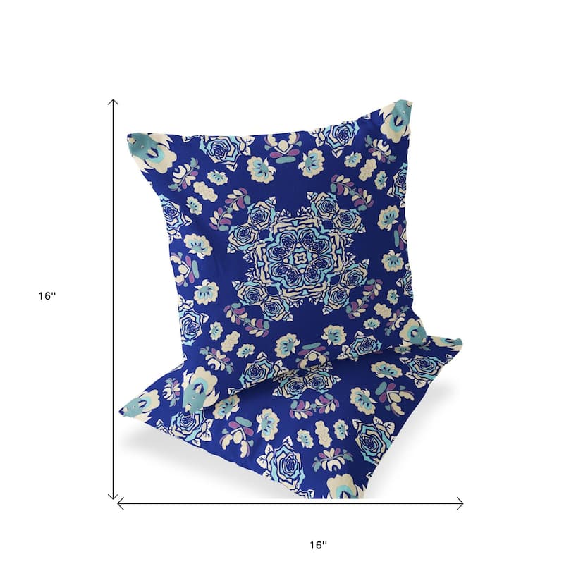 HomeRoots Set of Two 16" X 16" Blue and White Blown Seam Floral Indoor Outdoor Throw Pillow - 16.00' X '16.00' X '5.00