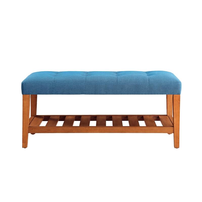 Fabric Upholstered Bench with Open Storage, Blue and Oak