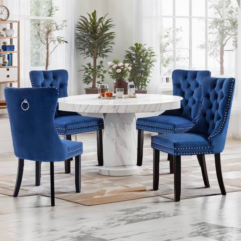 Set of 2 Velvet Dining Chairs – Tufted Upholstered Armless Accent Chairs with Nailhead Trim & Back Ring Pull