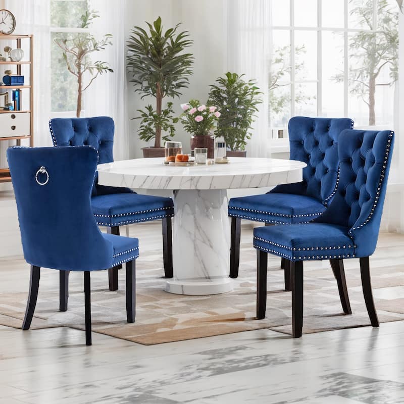 Set of 2 Velvet Tufted Dining Chairs with Nailhead Trim and Ring Pull