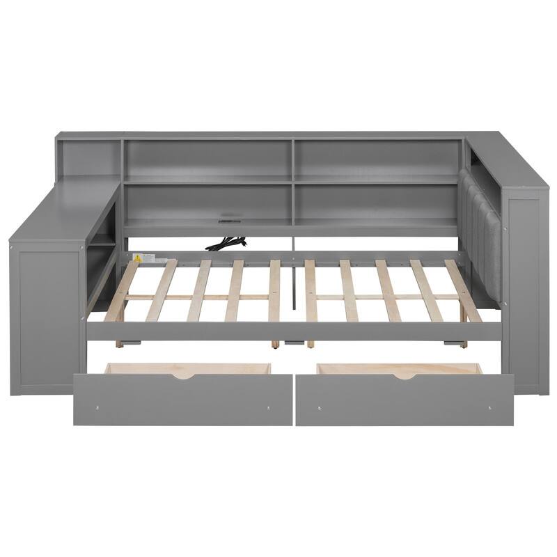 Wood Full Size Platform Bed with Storage Shelves, Drawers, Charging Station, LED, Desk and Upholstered Headboard