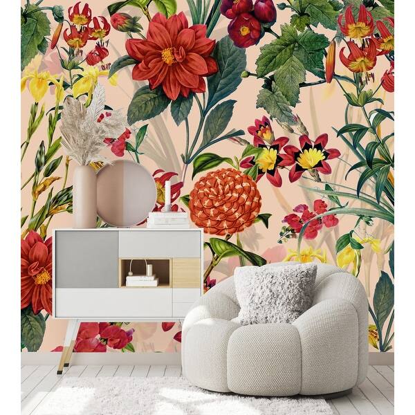 Beige Wallpaper with Red Flowers Peel and Stick and Prepasted - Bed ...