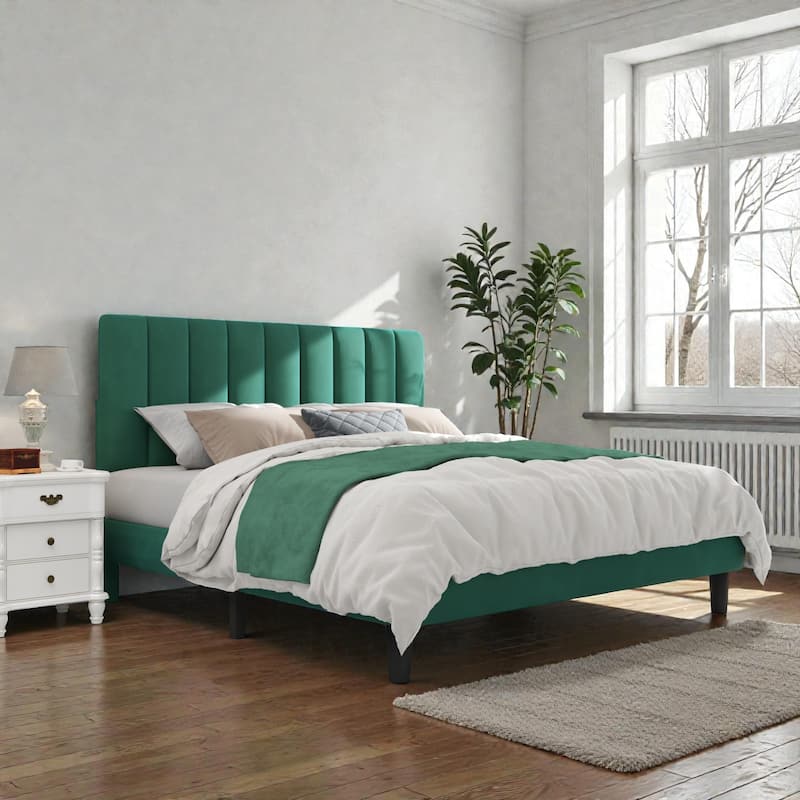 Upholstered Platform Bed Frame with Adjustable Headboard, Velvet Upholstered, No Noise, 800 lbs Capacity, 12 Inch Clearance - Green - Full