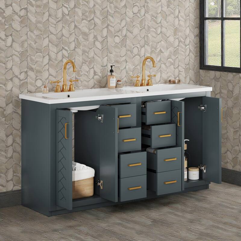 60 Inch Bathroom Vanity Set with Ceramic Sink, Solid Wood Frame Freestanding Cabinet with Soft Close Doors and Drawers