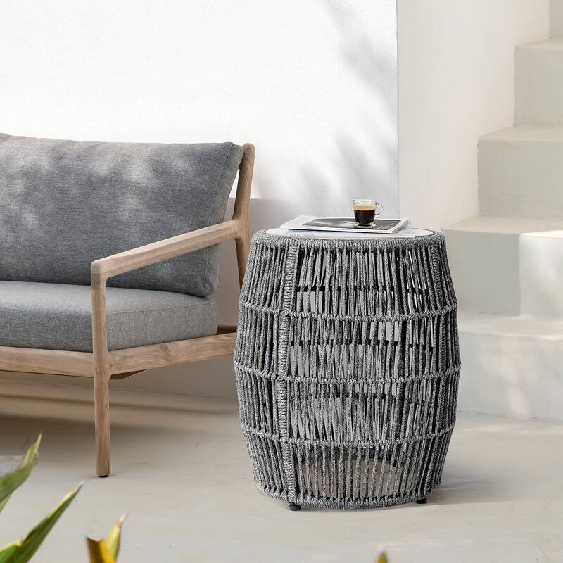 Emory Modern Rope and Stone Indoor Outdoor Garden Stool Side Table - Grey