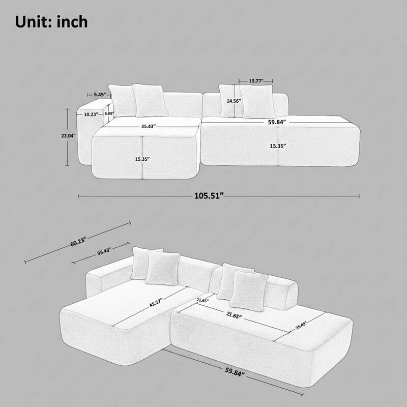 105.1" L-Shaped Modern High-Density Sponge Lambswool Upholstered Modular Sectional Sofa with Pillows