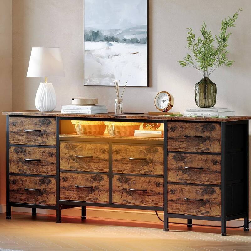 63 Inch Long Dresser TV Stand with 10 Fabric Drawers for 65-75 Inch TVs - Brown