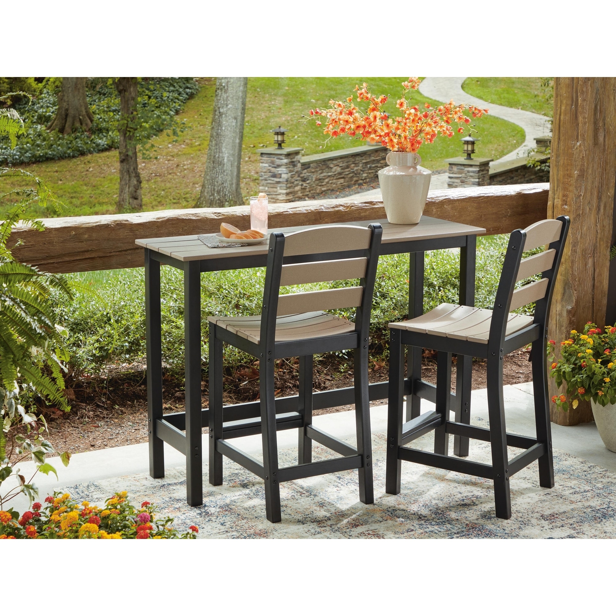 Signature Design by Ashley Moondance Black / Beige 3-Piece Outdoor Counter Table Set - 55"W x 18"D x 39"H