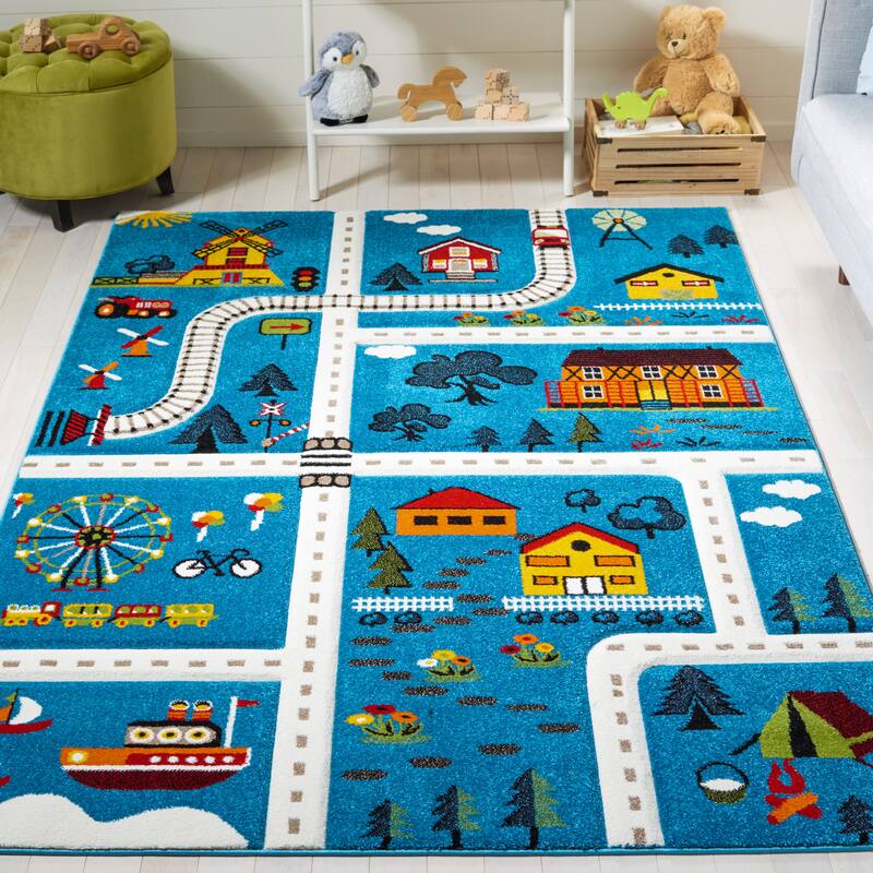 SAFAVIEH Carousel Kids Helmgard Transitional Rug - 3' Square - Blue/Beige - Square