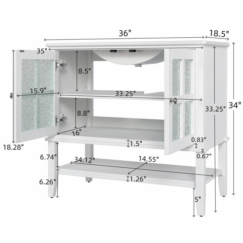 36" Bathroom Vanity with Ceramic Sink, Adjustable Shelf and Open Shelf, Solid Wood Legs, Waterproof Painted Finish