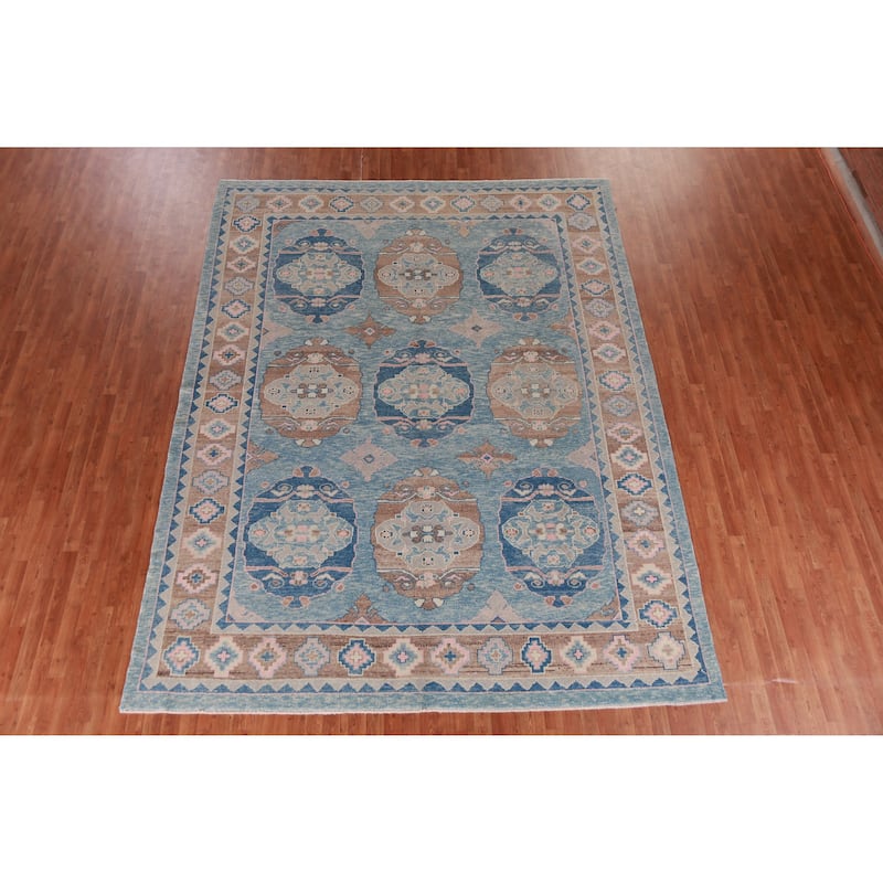 Hand Knotted Oriental 100% Wool Carpet Transitional Geometric Navy Blue & Blues Oushak Area Rug - 12' 1'' X 9' 5''