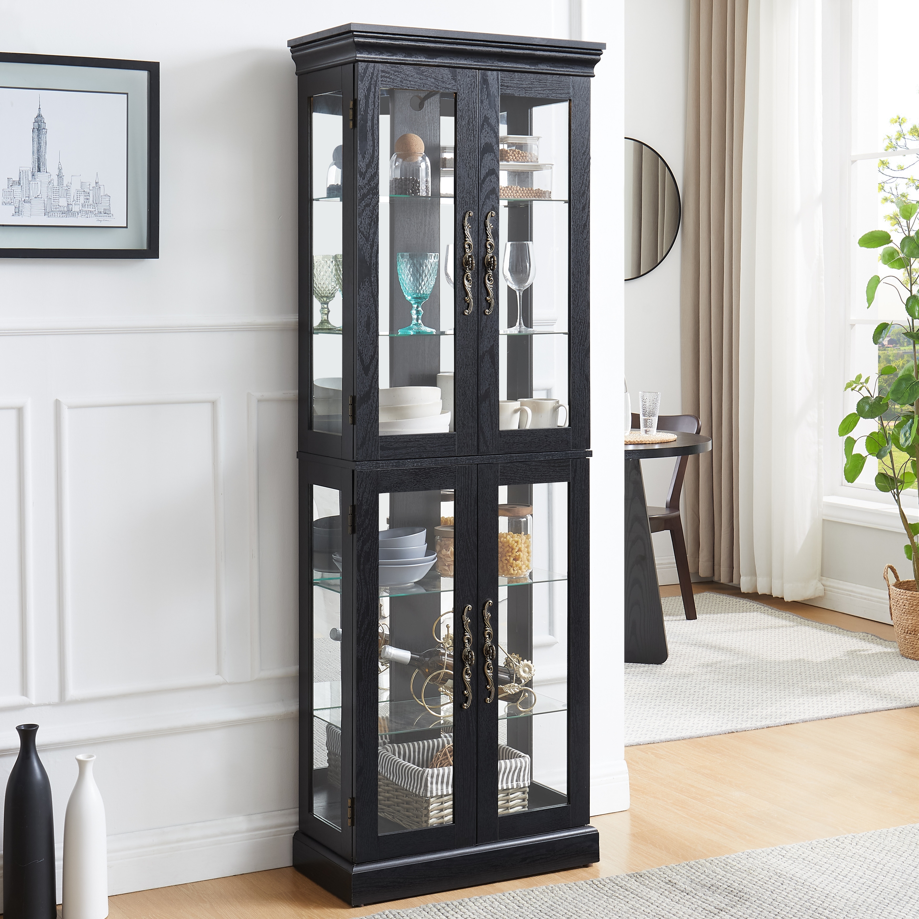 Lighted Glass Curio Display Cabinet - Wooden Frame Storage for Living Room, Kitchen & Pantry - Includes Light Bulb