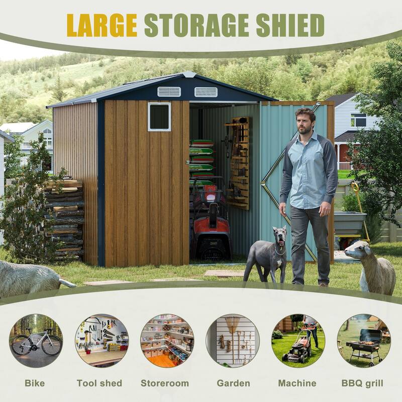 6x8FT Outdoor Steel Storage Shed, Lockable Doors, Compact Metal Tool Shed