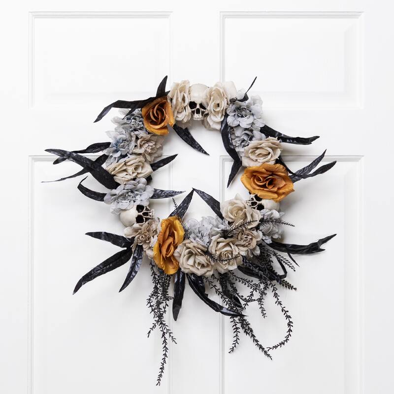 Skulls with Roses Halloween Foliage Wreath - 14" - Unlit