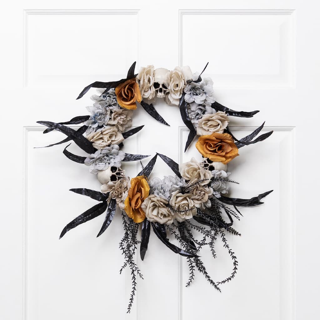 Skulls with Roses Halloween Foliage Wreath - 14" - Unlit