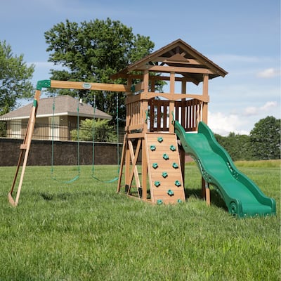 Backyard Discovery Lightning Ridge Cedar Wood Swing Set, Slide, Deck - 12'5" x 14'0"