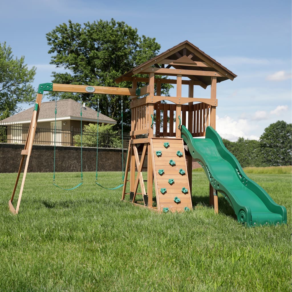 Backyard Discovery Lightning Ridge Cedar Wood Swing Set, Slide, Deck - 12'5" x 14'0"