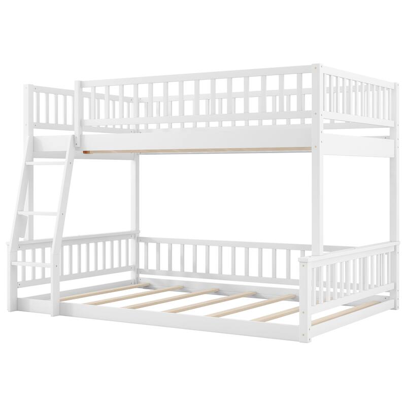 Roomfitters Full XL Over Queen Bunk Bed with Ladder and Guardrails, Solid Wood Frame, White