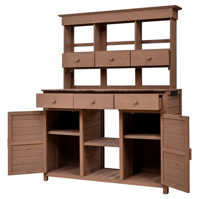 Roomfitters 65.7" Tall Garden Potting Bench Table with Hutch, 3 Shelves, 6 Drawers, 2 Cabinets and Side Hooks
