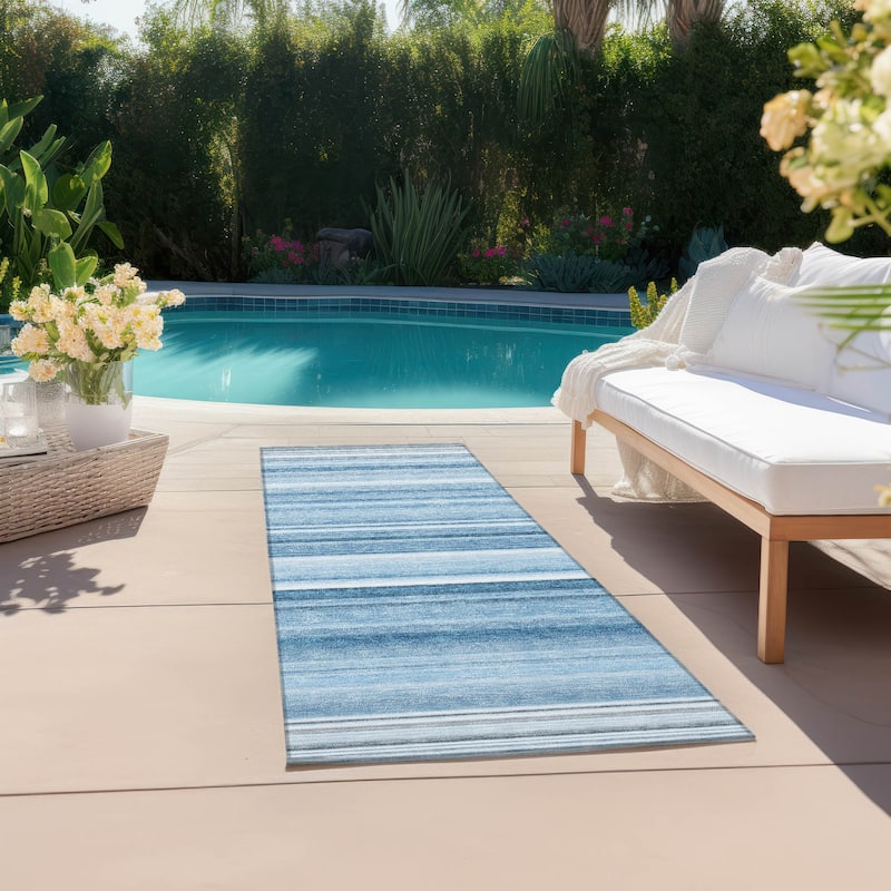 Machine Washable Indoor/ Outdoor Chantille Multi Stripe Rug - Blue - 2'3" x 7'6"