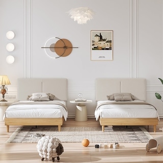 VECELO 2-pack Wood Frame Upholstered Kids Bed With Headboard Twin Size Bed Set of 2