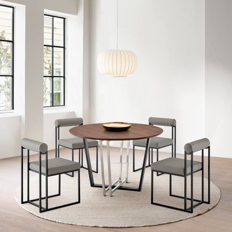 Joana Anastasia 5 Piece Round Walnut Dining Table Set with Metal Frame and Upholstered Chairs - Light Gray Faux Leather/Black