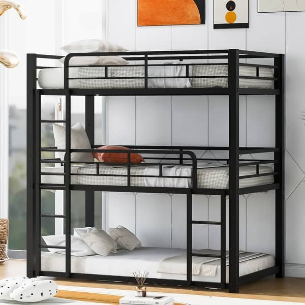 slide 2 of 8, Black Twin Metal Triple Bunk Bed with Ladder & Fence Black