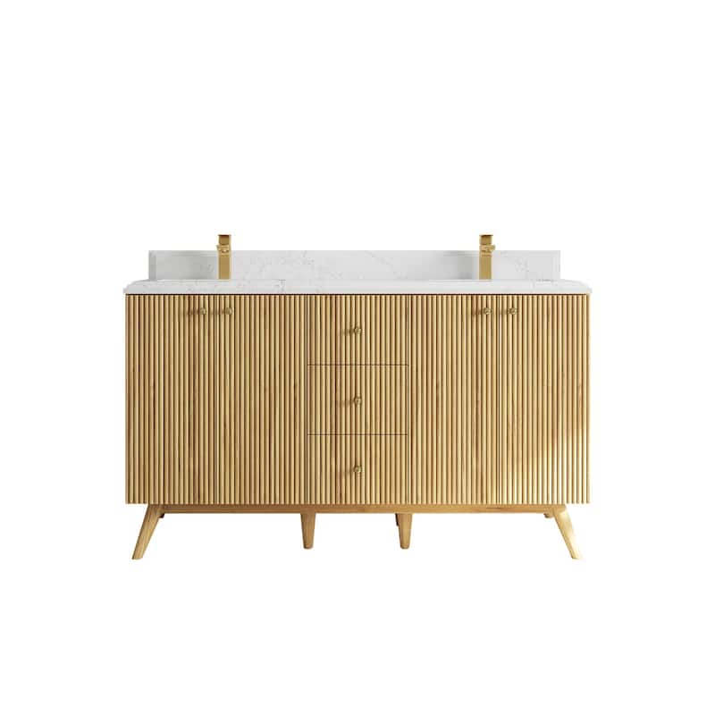 Willow Collections 60 in. W x 22 in. D Pasadena Solid Teak Double Sink Bathroom Vanity with Countertop - 1.5"Empira - Light Natural