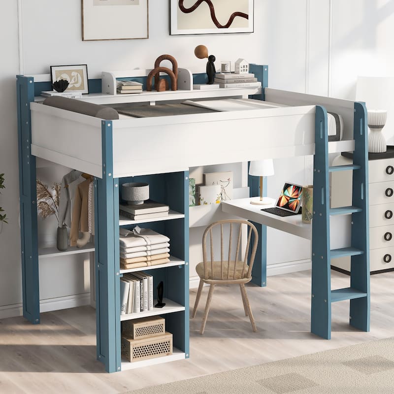 Full Size Wooden Loft Bed Frame with Built-in Storage Shelves, Open Cabinets, Clothes Rails and L-shape Desk - White Blue - Full