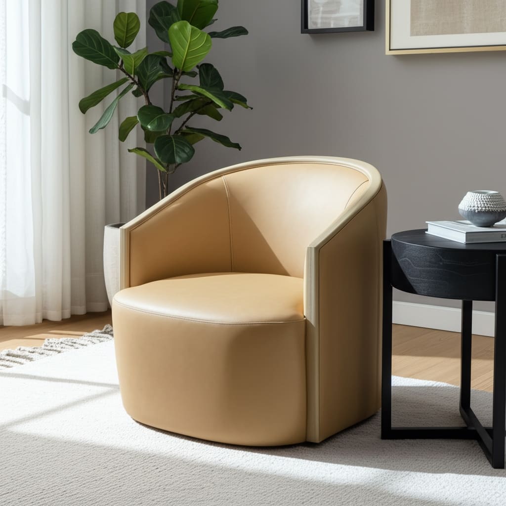 Faux Leather Barrel Chair Curved Backrest Wood Detail - 30" Multi - 29.5" x 30" x 30"