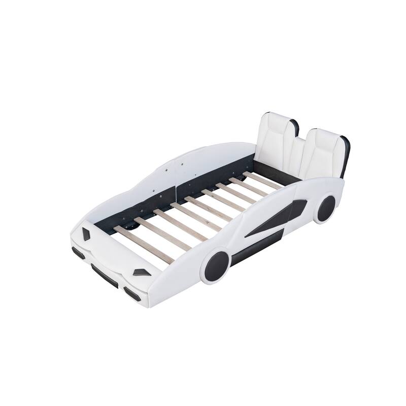 Twin Size Race Car-Shaped Bed with Wheels, White