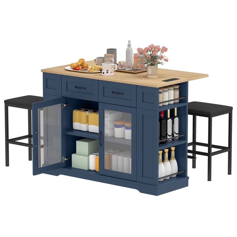 Moasis 47 Inch Mobile Storage Kitchen Island with 2 Seating,Rolling Islands Table with Power Outlet