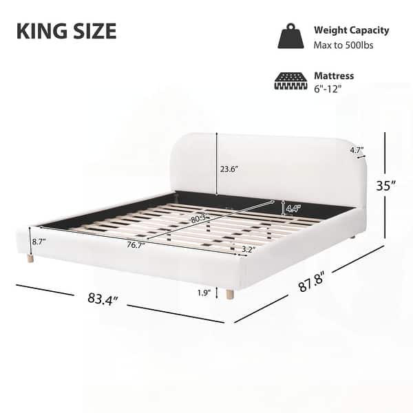 dimension image slide 9 of 11, Upholstered Platform Bed with Curve-Shaped Design Headboard