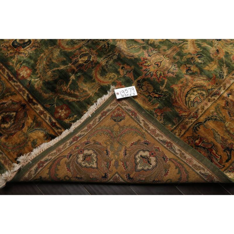 6'3''x9'3'' Hand Knotted Wool Green Plush Pile Traditional Botanical Agra Gold Wash Silky Sheen Rug - 6' 3'' x 9' 3''