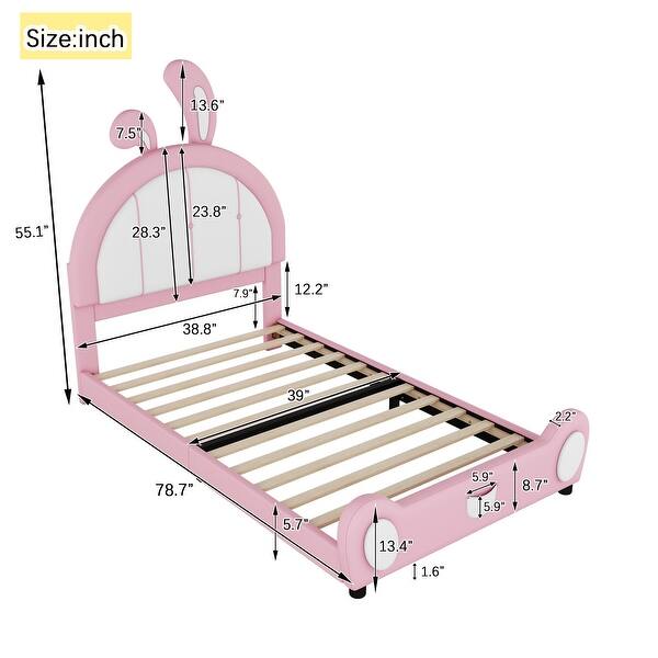 dimension image slide 0 of 2, Twin Size Upholstered Platform Bed with Rabbit Shaped Headboard, Pine Wooden Bed with Support Slat for Bedroom, White
