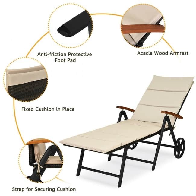 Premium Outdoor Rattan Chaise Lounge Recliner Chair for Relaxation - 56.5"~ 73" x 27.5" x 29.5"~44" (LX WX H)