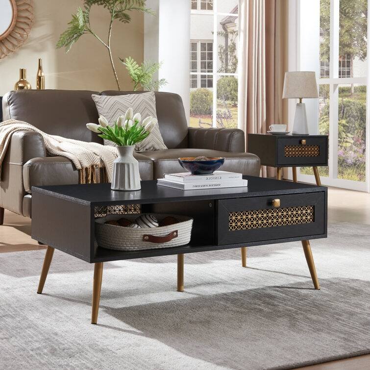 42" W Wood Rectangular Coffee Table with Storage Shelf and Drawer - Black