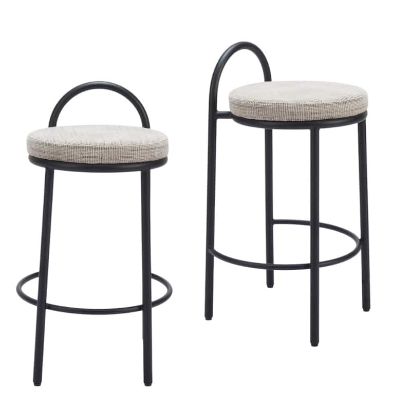 HomeRoots Set of Two 26" Beige and Black Chenille and Steel Low Back Counter Height Bar Chairs