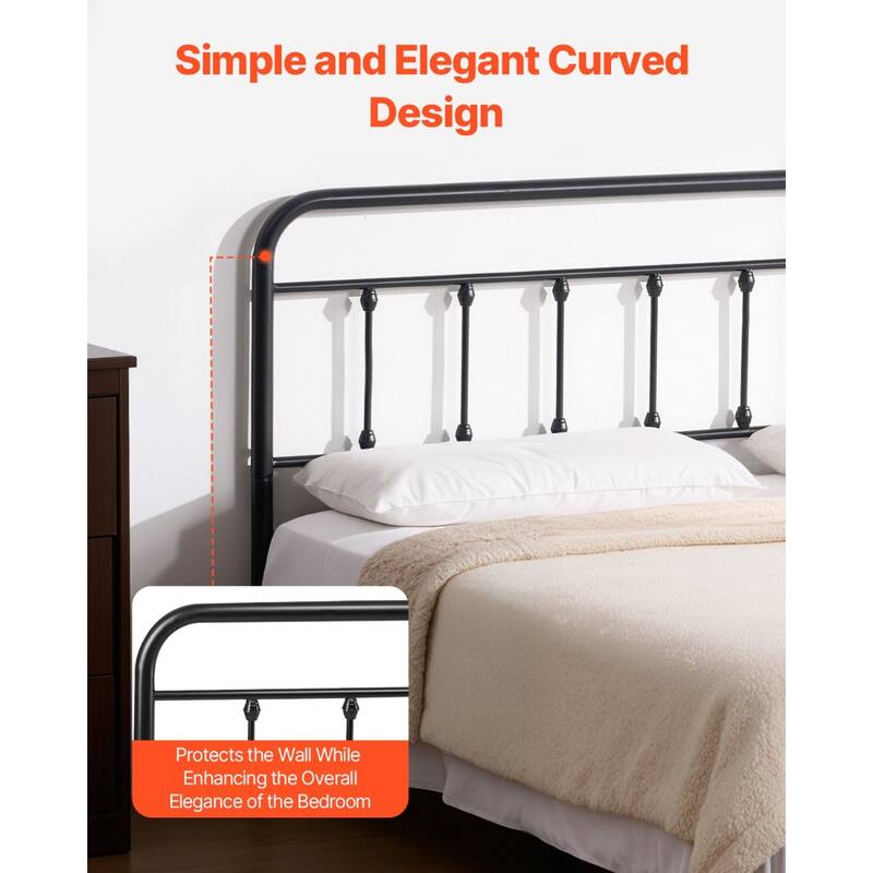Black Metal Vintage Bed Frame Queen Size Headboard with Carbon Steel Construction