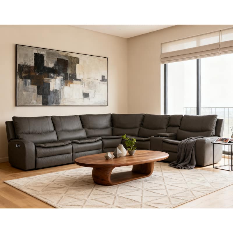 6PCS, 2 Power Recliners, Faux Leather Sectional with Adjustable Headrests, Dodble Width Seat, Wireless Charging and Reading Lamp