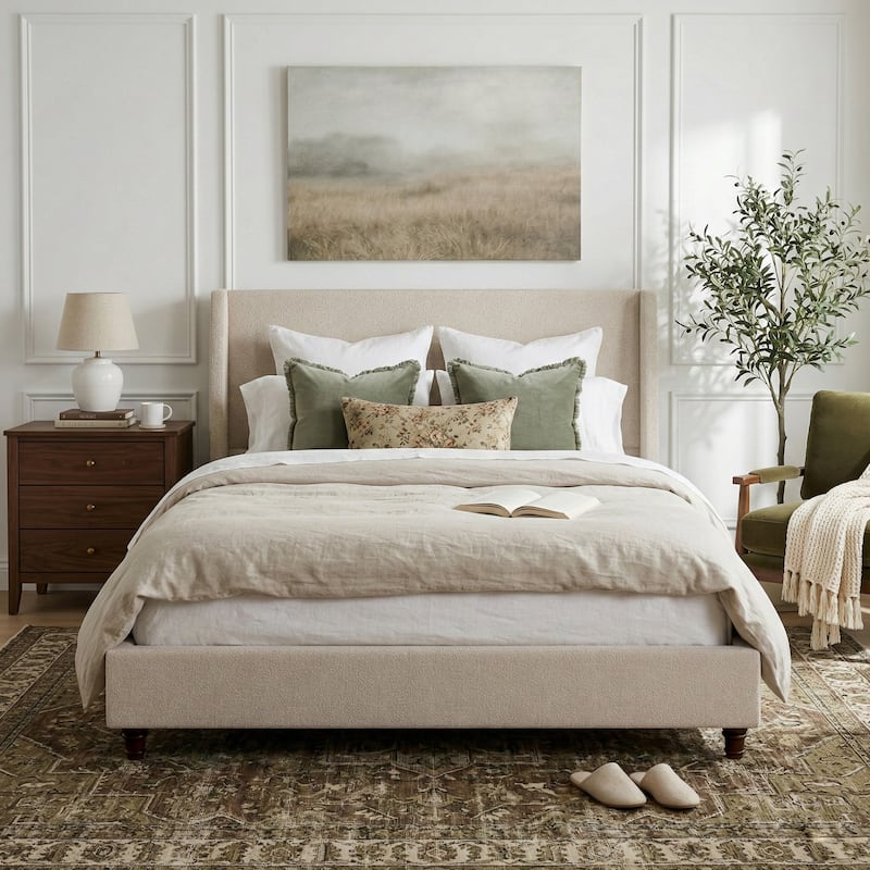 Christopher Knight Home - Modern 52.7" Tall Wingback Boucle Upholstered Platform Bed Frame with Solid Wood Legs & Slat Support - Taupe - Queen