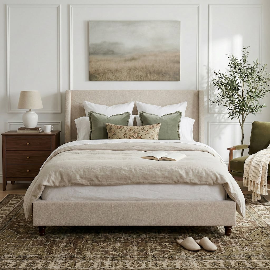 Christopher Knight Home - Modern 52.7" Tall Wingback Boucle Upholstered Platform Bed Frame with Solid Wood Legs & Slat Support