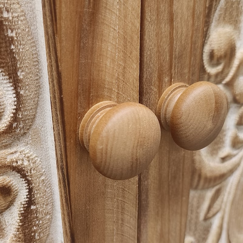 Farmhouse Wood Storage Cabinet with 2 Carved Design Doors and a Movable Shelf