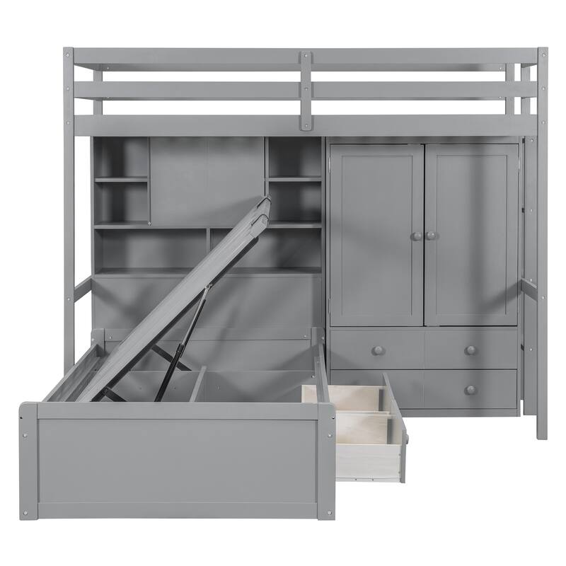 Roomfitters Twin Bunk Bed with Hydraulic Lift, Wardrobe, Storage Shelves and Drawers,