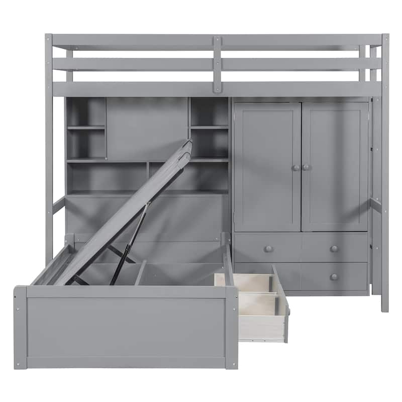 Twin Bunk Bed with Drawers, Wardrobe, Storage Shelves, and Hydraulic Lift, Gray