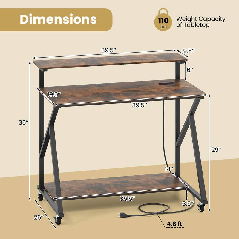 Costway Rolling Computer Desk with Charging Station Monitor Stand