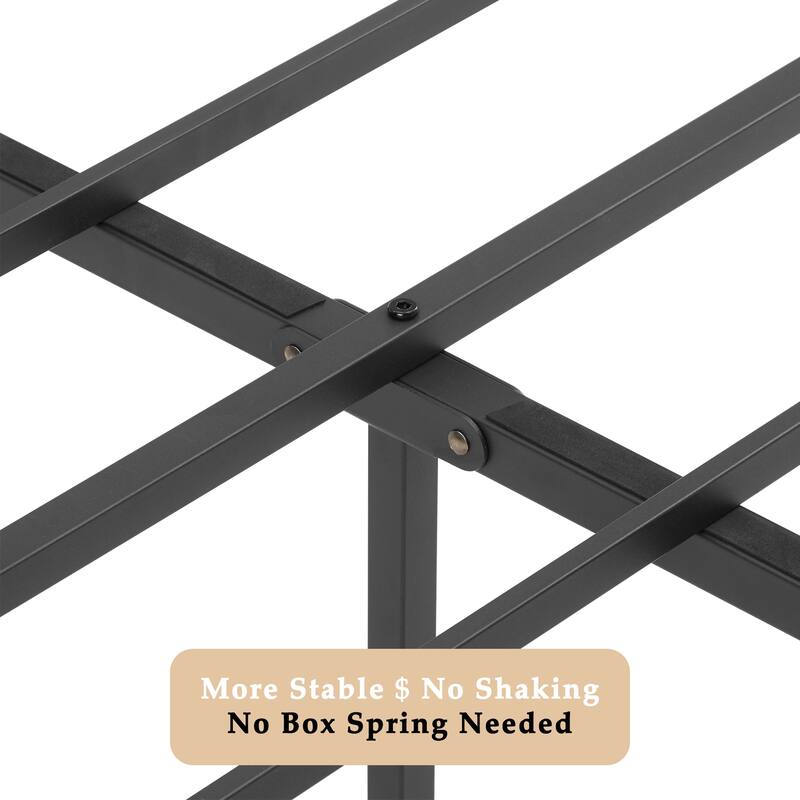 Metal Bed Frame with Brown Wooden Headboard, No Box Spring Needed