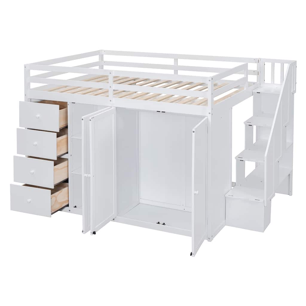 Full Loft Bed w/ Storage Staircase, 4 Drawers, Cabinet, Two Wardrobes