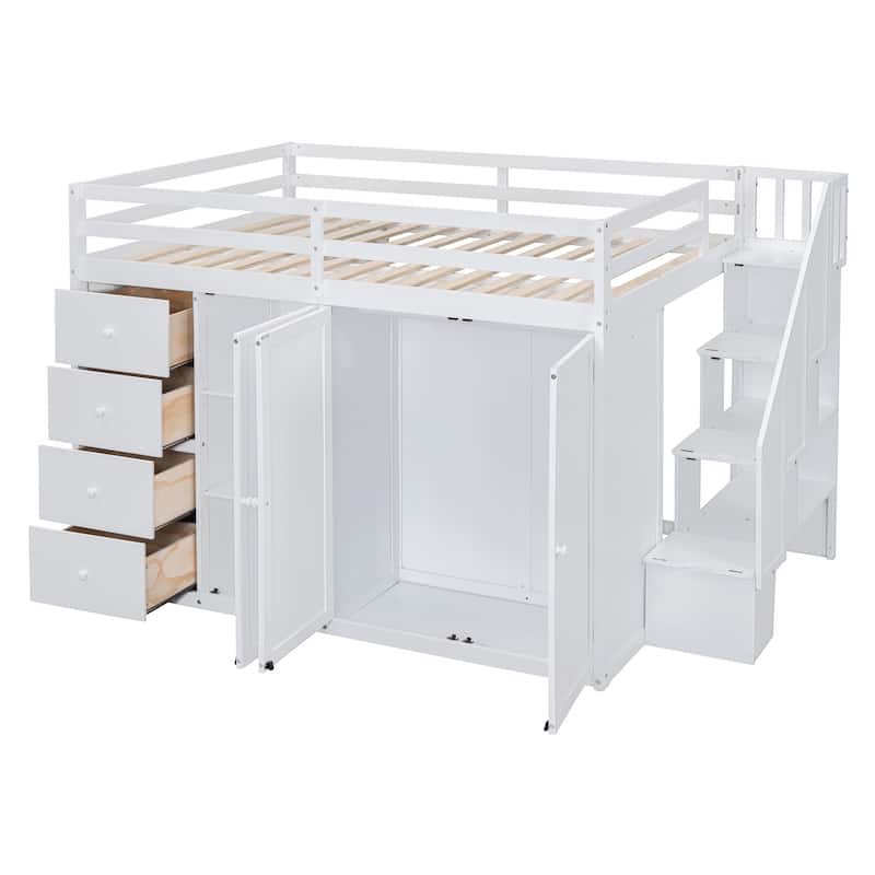Full Size Wood Loft Bed With Built-in Wardrobes, Cabinets and Drawers for Bedroom