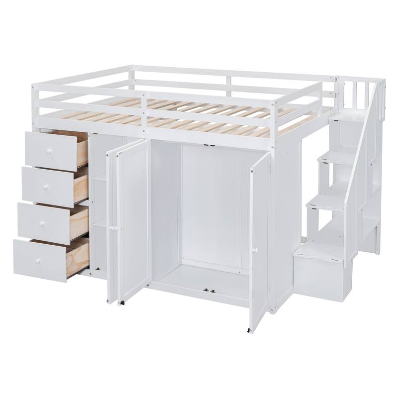 White Full Size Loft Bed with Built-in Wardrobes and Staircase, Space-Saving Design